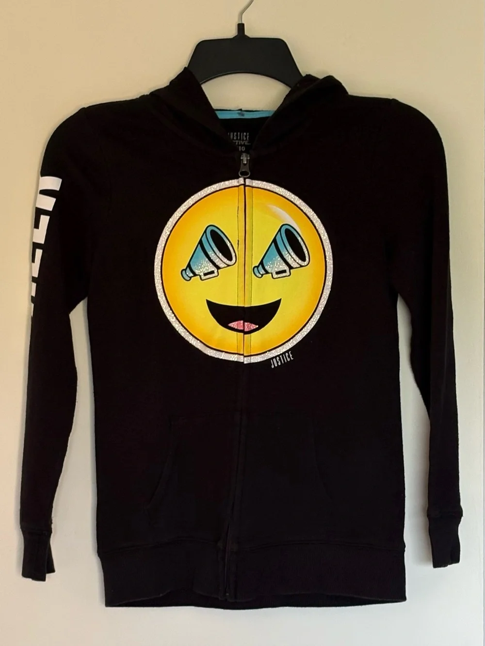 Justice Girls Black Cheer Emoji Megaphone Zip-Up Hoodie Size 10